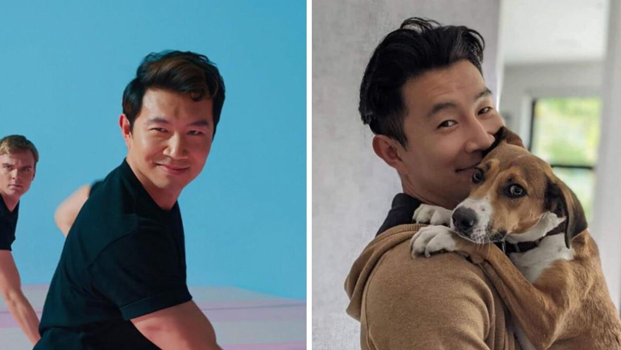 Simu Liu in 'Barbie.' Right: Simu Liu and his dog.