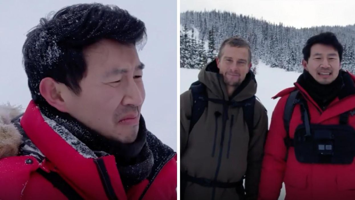 Simu Liu making a face. Right: Bear Grylls and Simu Liu outside in the winter.