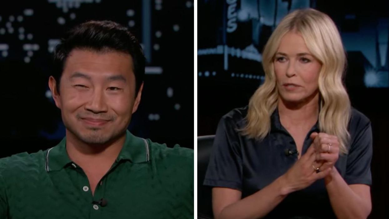 Simu Liu making a face. Right: Chelsea Handler guest hosting Jimmy Kimmel Live.