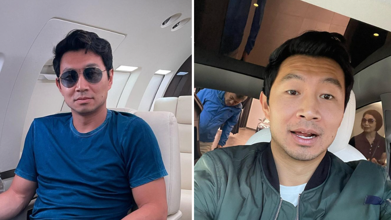 Simu Liu on a plane. Right: Simu Liu.