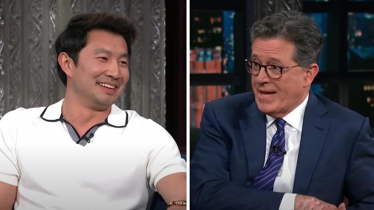 Simu Liu on The Late Show with Stephen Colbert. Right: Stephen Colbert.
