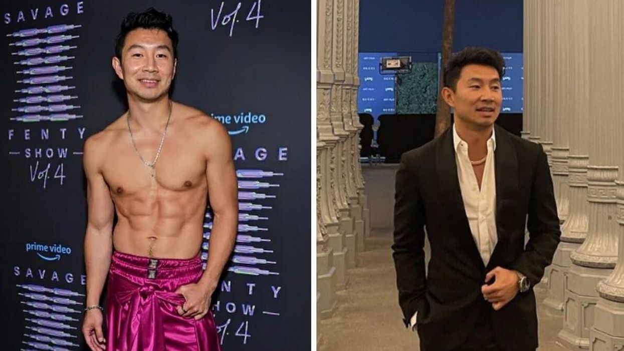 Simu Liu posing for Rihanna's Savage X Fenty show. Right: Simu Liu.