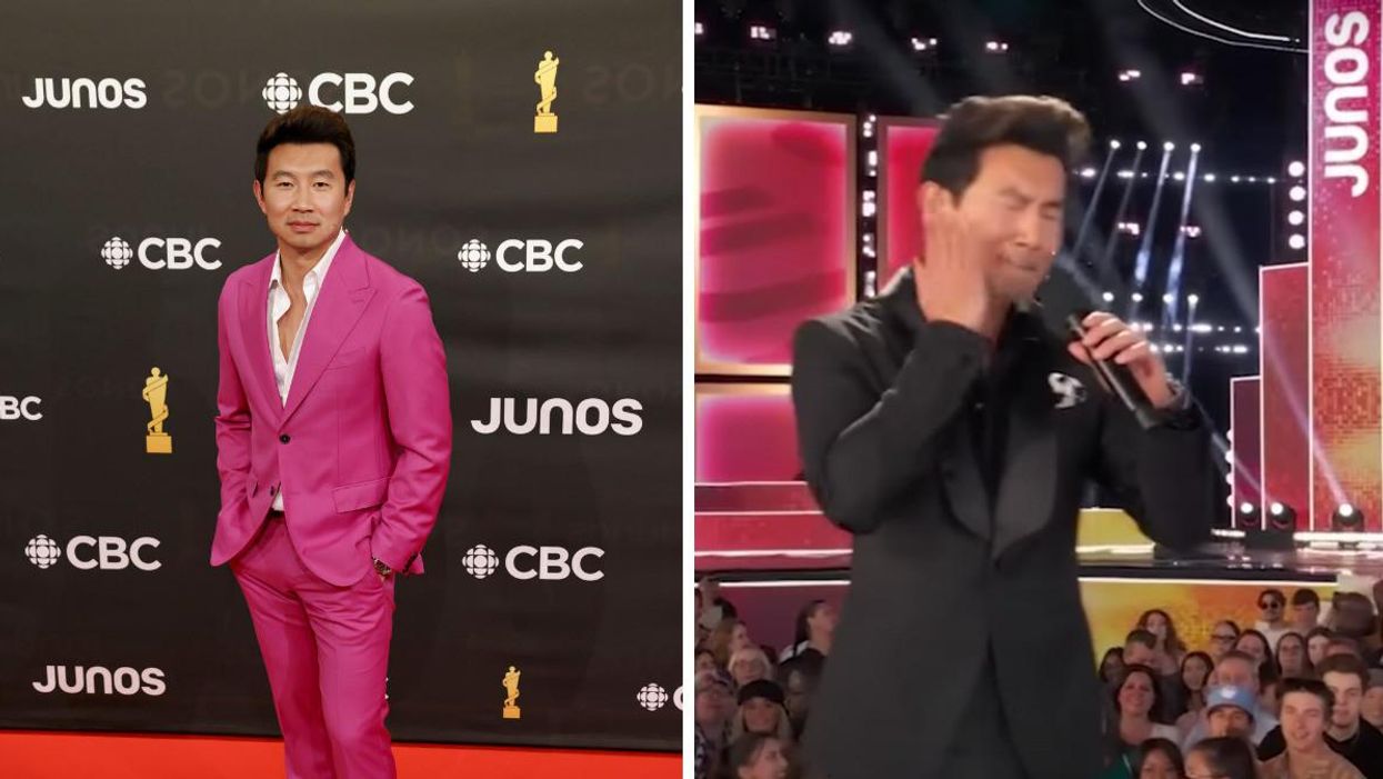 Simu Liu posing on the JUNOS red carpet. Right: Simu Liu slapping himself during his JUNOS monologue.