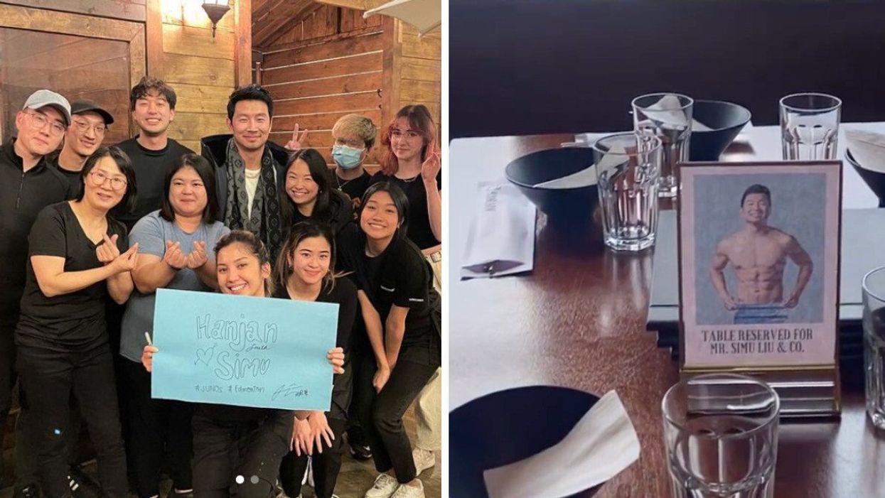 Simu Liu posing with staff at Hanjan Restaurant in Edmonton.