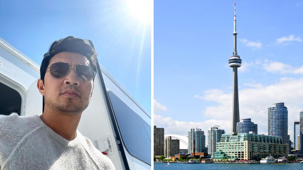 Simu Liu. Right: CN Tower in Toronto.