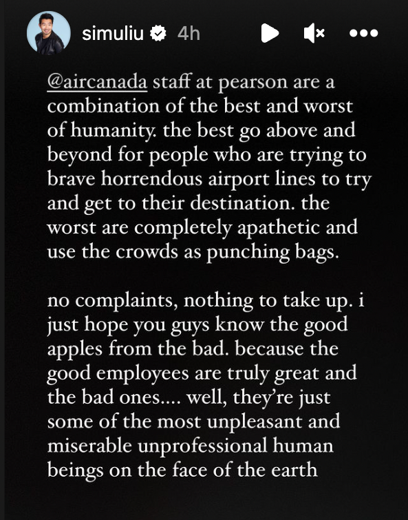 Simu Liu's Instagam story about Air Canada.