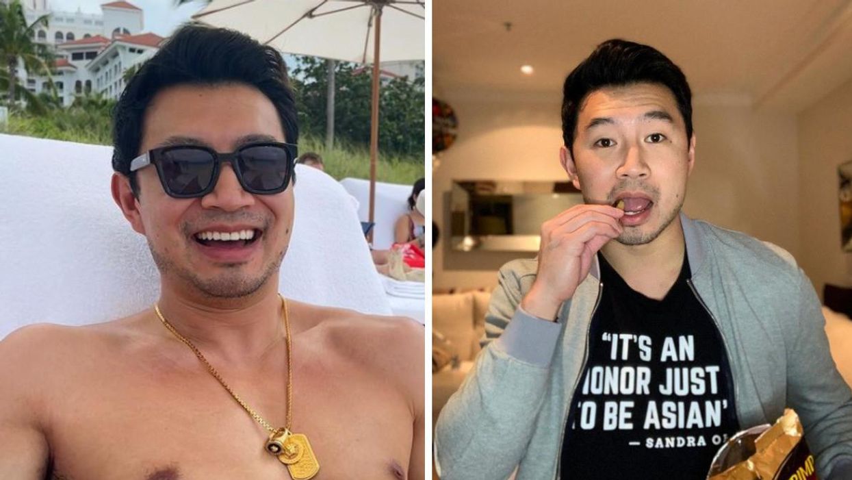 Simu Liu smiling on the beach. Right: Simu Liu eating a chip with a shirt that ays "It's an honour just to be Asian."