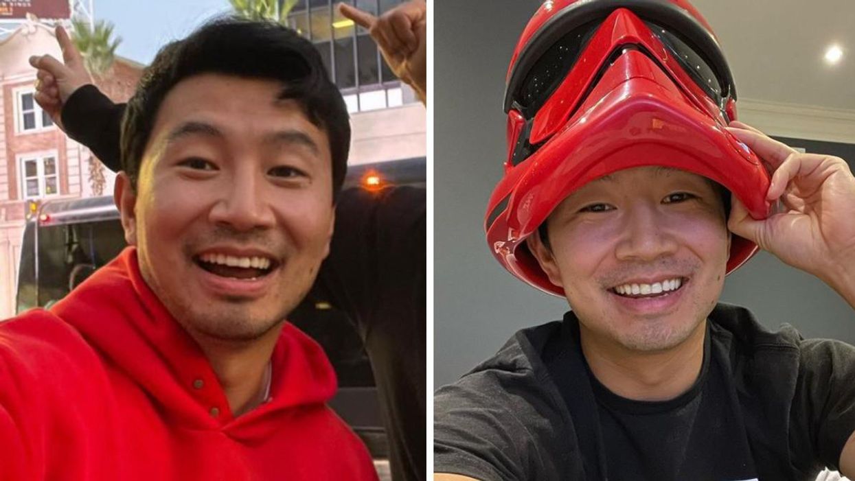Simu Liu smiling. Right: Simu Liu with a mask on his head.