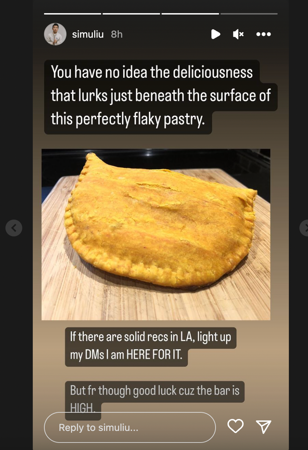 Simu Liu talking about beef patties.