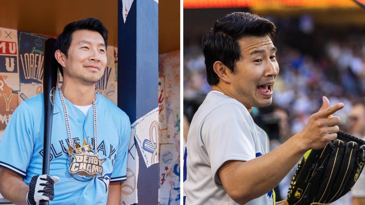 Simu Liu wearing a Blue Jays jersey. Right: Simu Liu pointing.