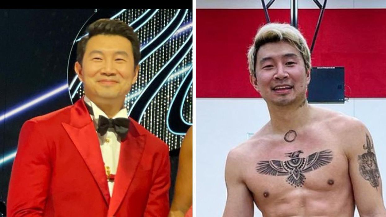 Simu Liu wearing a red suit at the Oscars. Simu Liu shirtless at a basketball court.