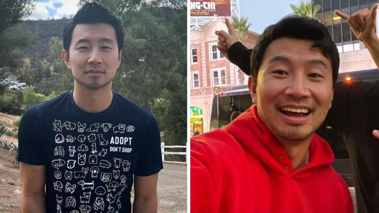 Simu Liu wearing an adopt don't shop shirt. Right: Simu Liu smiling.