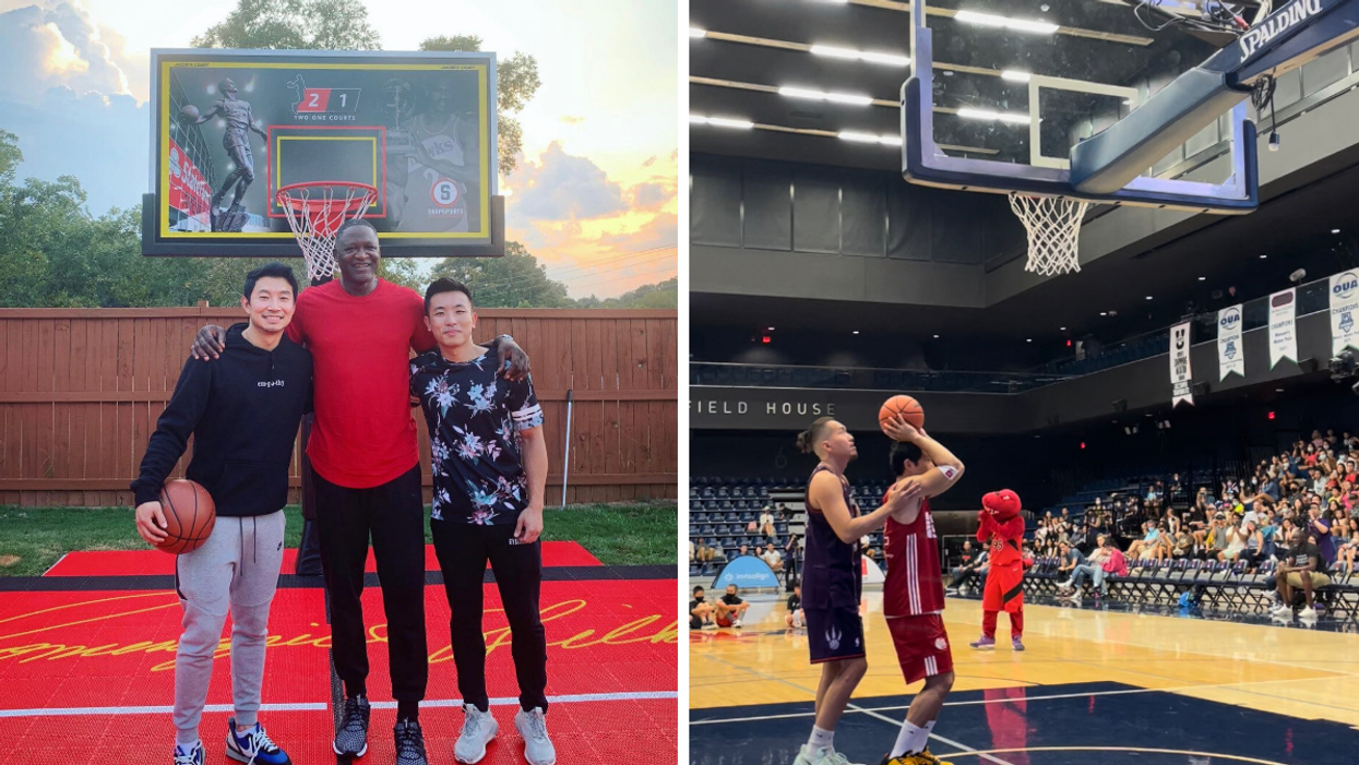 Simu Liu with Dominique Wilkins and Jason Chan. Right: Simu Liu being set up to get dunked on in Toronto.