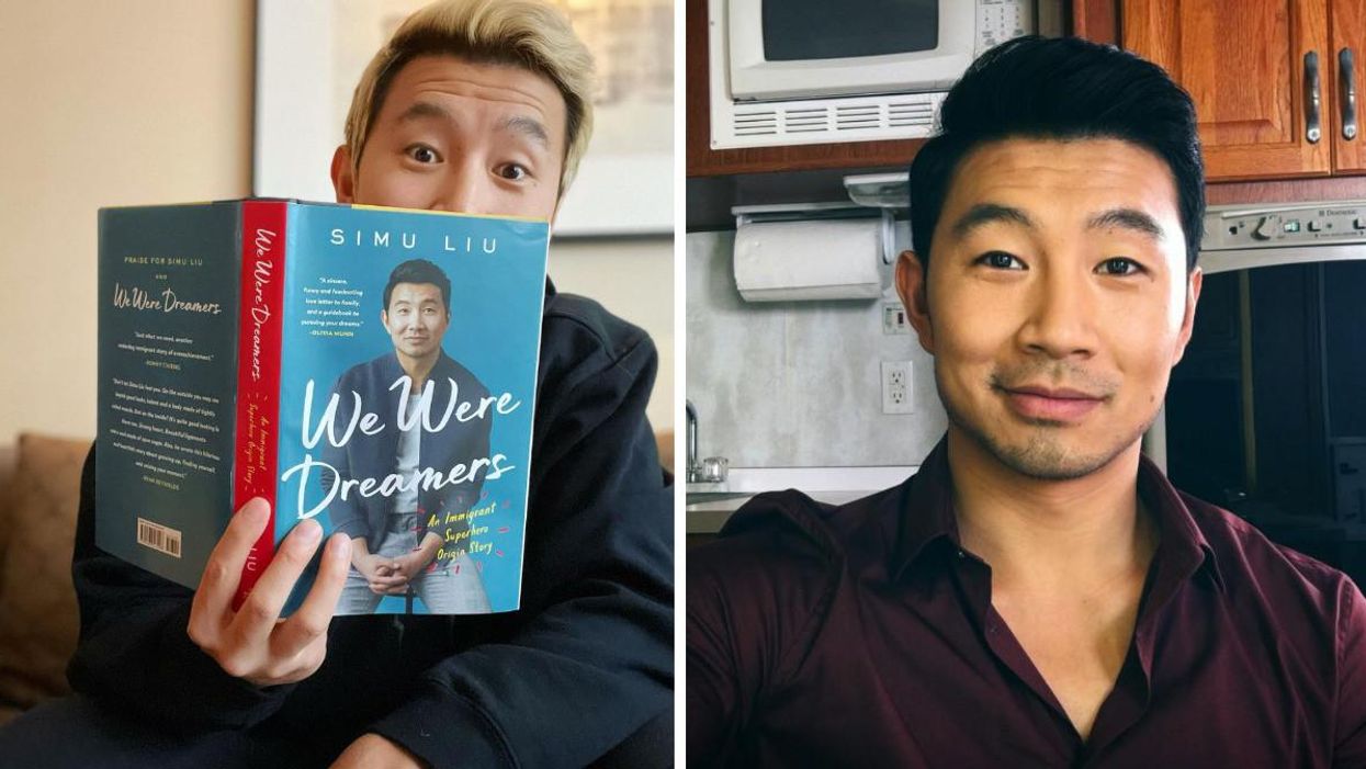 Simu Liu with his book. Right: Simu Liu smiling.