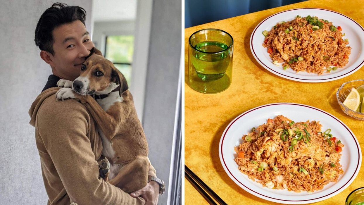 Simu Liu with his dog. Right: Thai food.