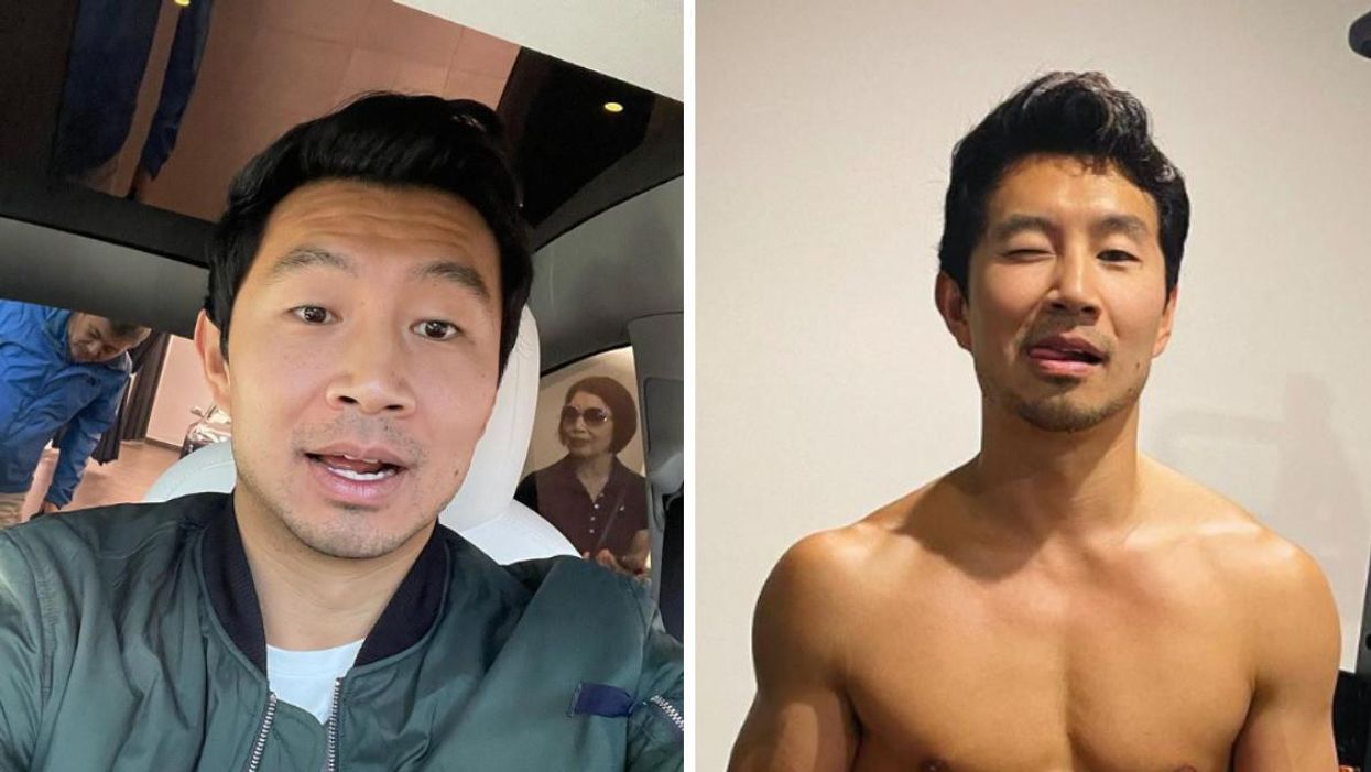 Simu Liu with his parents. Right: Simu Liu winking.