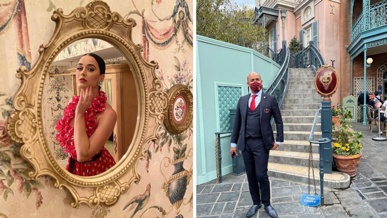 Singer Katy Perry poses in a mirror at 21 Royal. Right: A man in a suit outside the steps to 21 Royal.