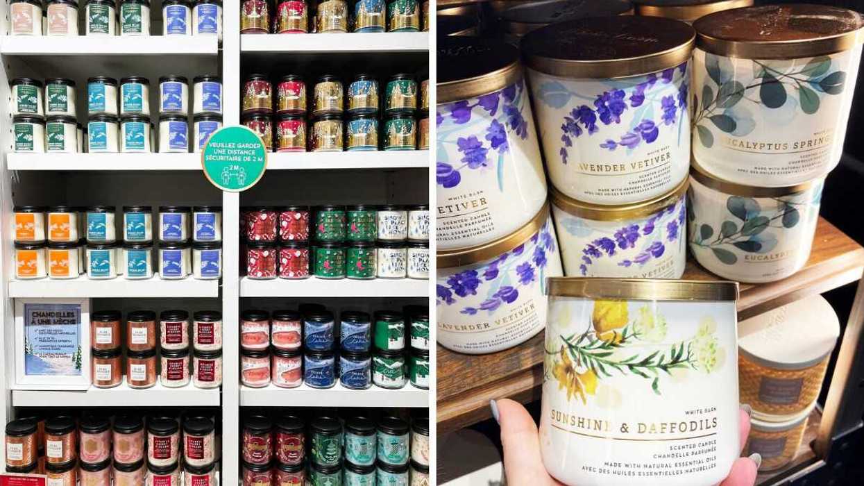 single wick candles on shelves at bath and body works store. right: person holding three wick candle at bath and body works store