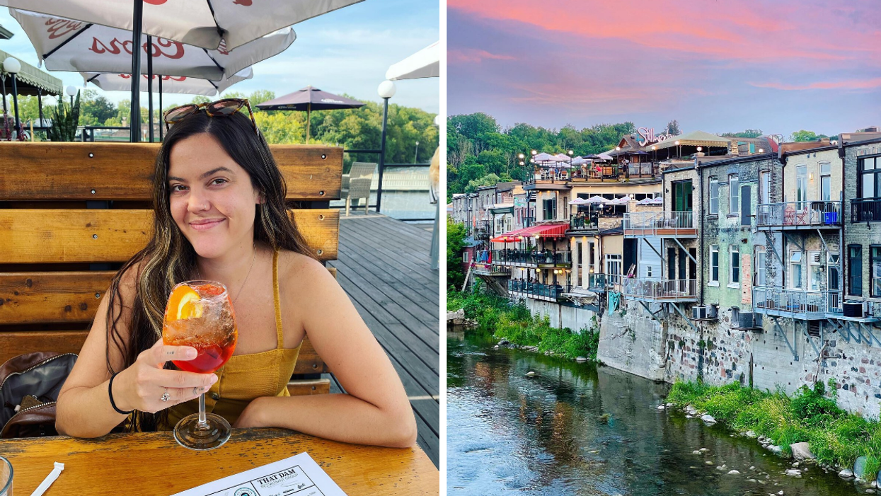 Sipping a cocktail on the Stillwaters patio. Right: Patio views over Grand River in Paris Ontario.