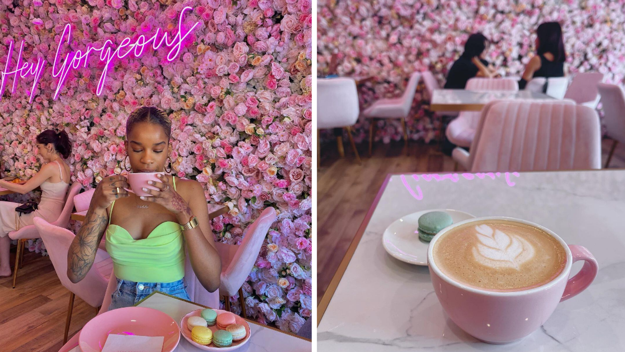 Sipping coffee next to a pink flower wall. Right: Latte and macaron in a pink cafe in Ottawa.