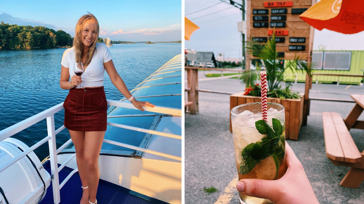 Sipping wine on a historic boat cruise. Right: Having a cocktail on a brewery patio.