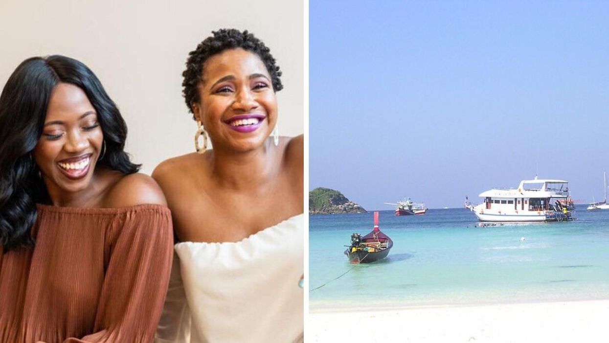 Sisters smiling together. Right: A beach in Thailand.