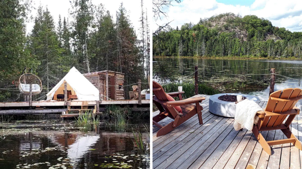 Site de camping. Droite : Espace pour un feu de camp. 