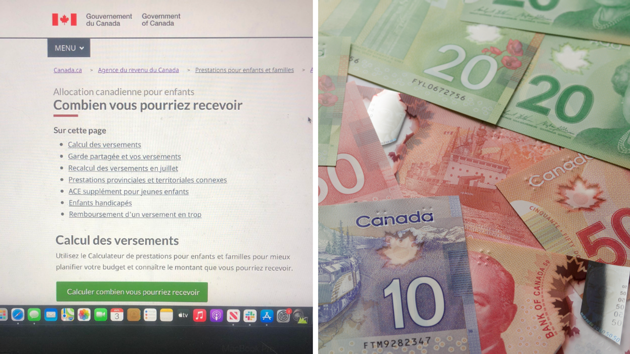 Site du gouvernement pour demander l'ACE. Droite : Argent canadien.