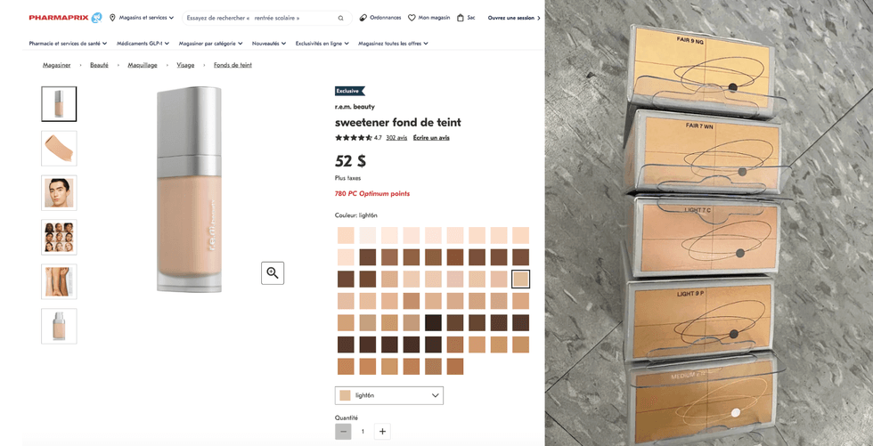 Site Internet de Pharmaprix, qui vend le produit pour 52 $. Droite : Fond de teint r.e.m. beauty sur le sol du Dollarama.