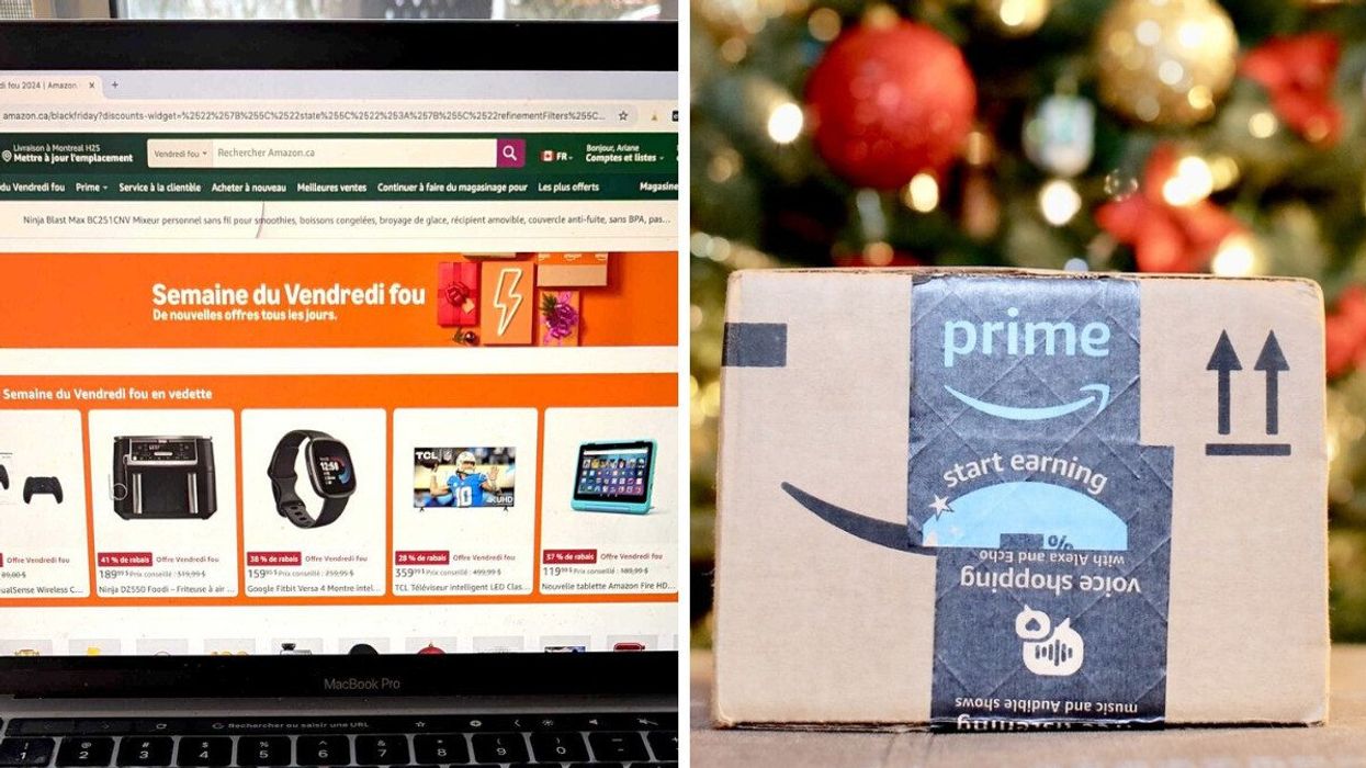 Site Web d'Amazon pendant le Vendredi fou. Droite : Un coli d'Amazon.