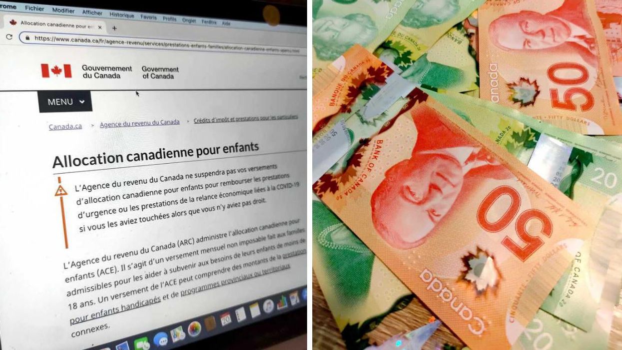 Site Web de l'Allocation canadienne pour enfants. Droite : Argent canadien. 