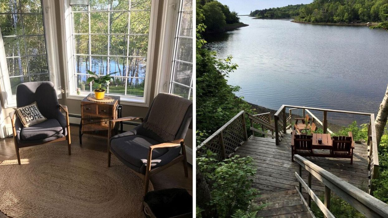 Sitting area in the house for sale with bay windows that have ocean views. Right: Staircase leading down to the ocean.