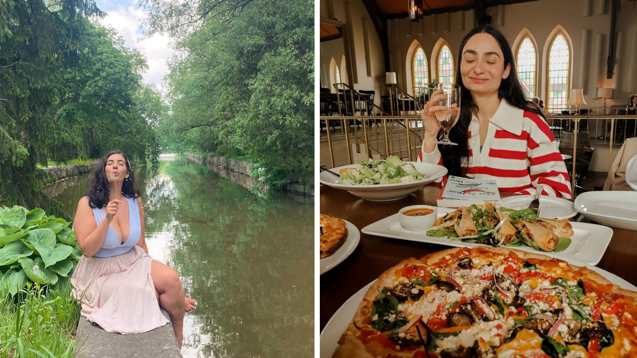 Sitting by the Avon River in the Shakespearean Gardens. Right: Eating dinner in an old church.