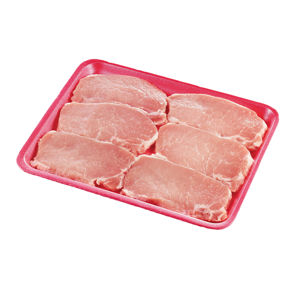 Six c\u00f4telettes de porc pr\u00e9sent\u00e9es dans un plat jetable rose sur fond blanc.