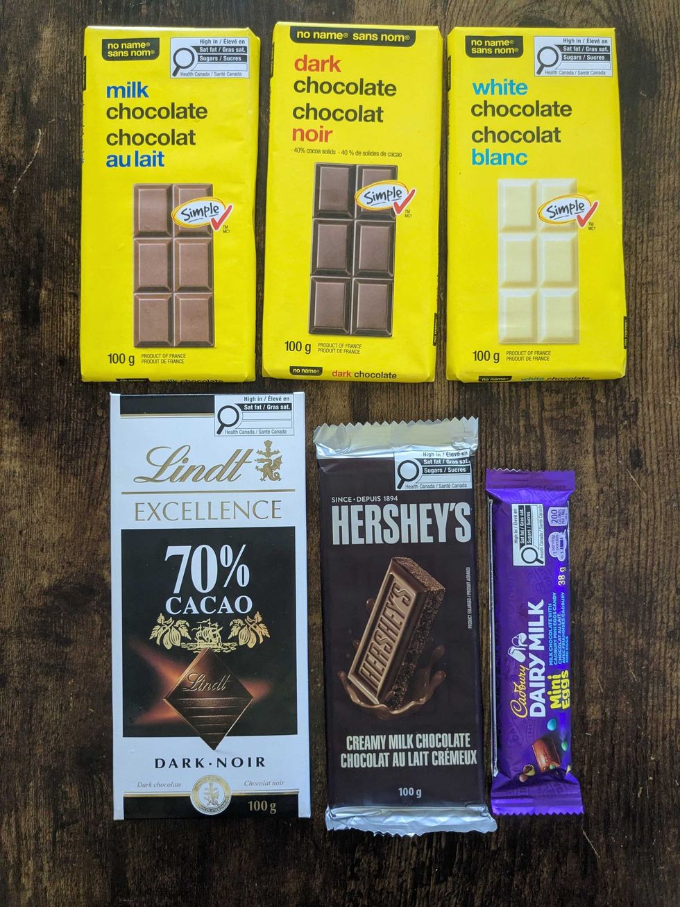 Six chocolate bars laid out on a counter