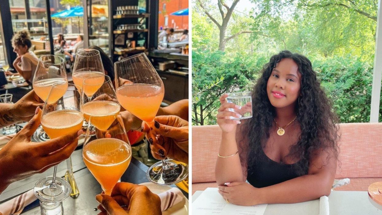 Six glasses filled with mimosa are raised together in MARKED, Toronto. Right: A woman smiles and poses with a drink at Toronto Beach Club.
