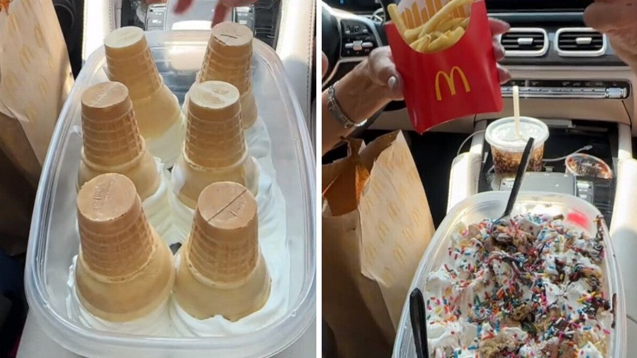 Six ice cream cones in a plastic container. Right: Someone holding fries over the mushed up icecream.