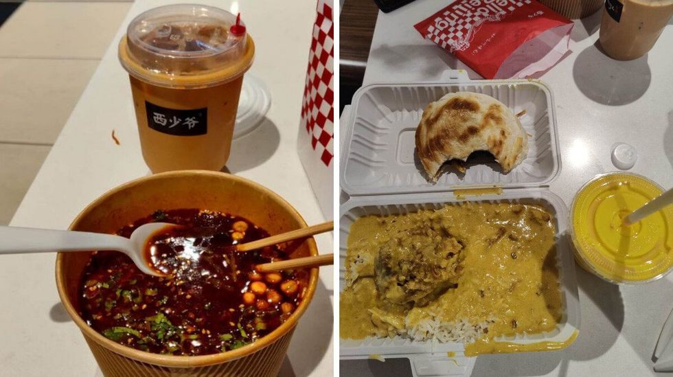 Sizzling chilly noodles. Right: Kadhi Chawal and Mango Lassi.