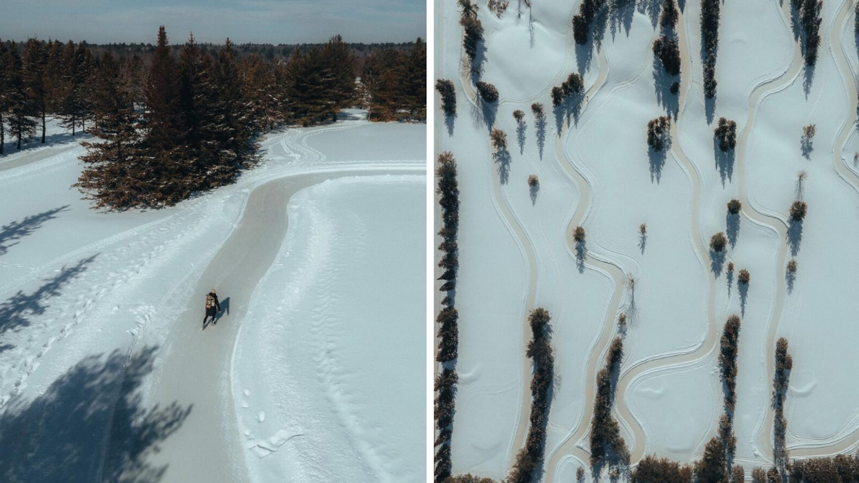 Skater on an outdoor ice trail. Right: Twisting skating trails speckled with evergreen trees.