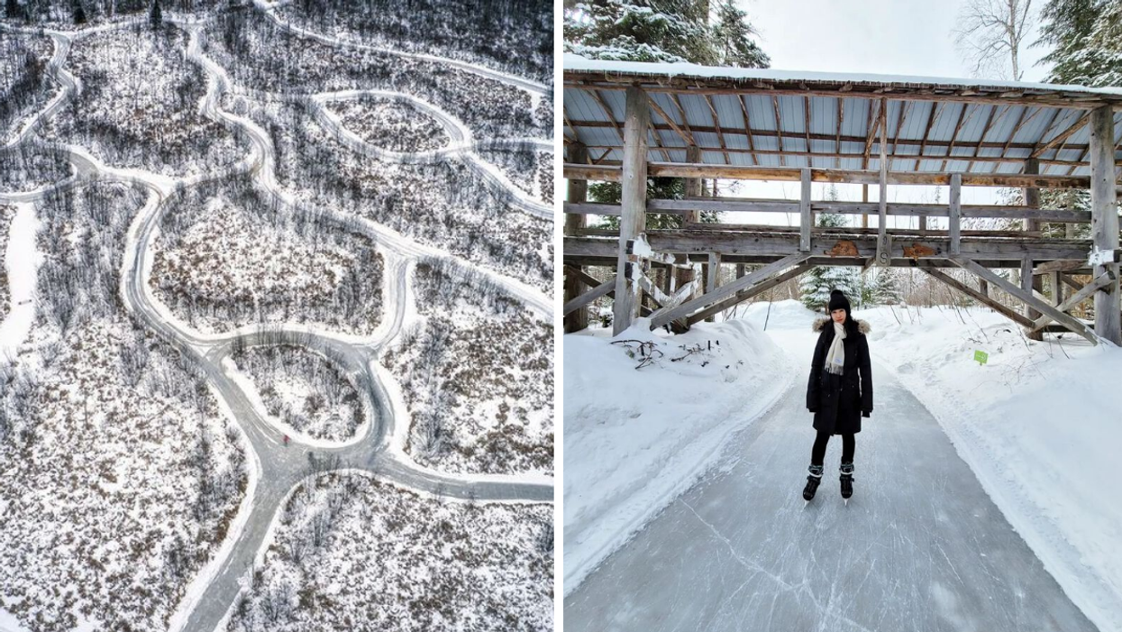 Skating trail maze through a forest. Right: Woman on a skating trail under a bridge.