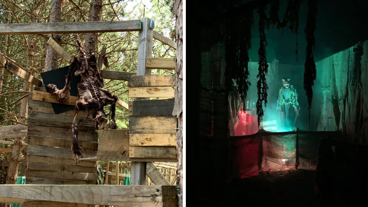 Skeleton creature hanging in a haunted maze. Right: Monster surrounded by fog at night.