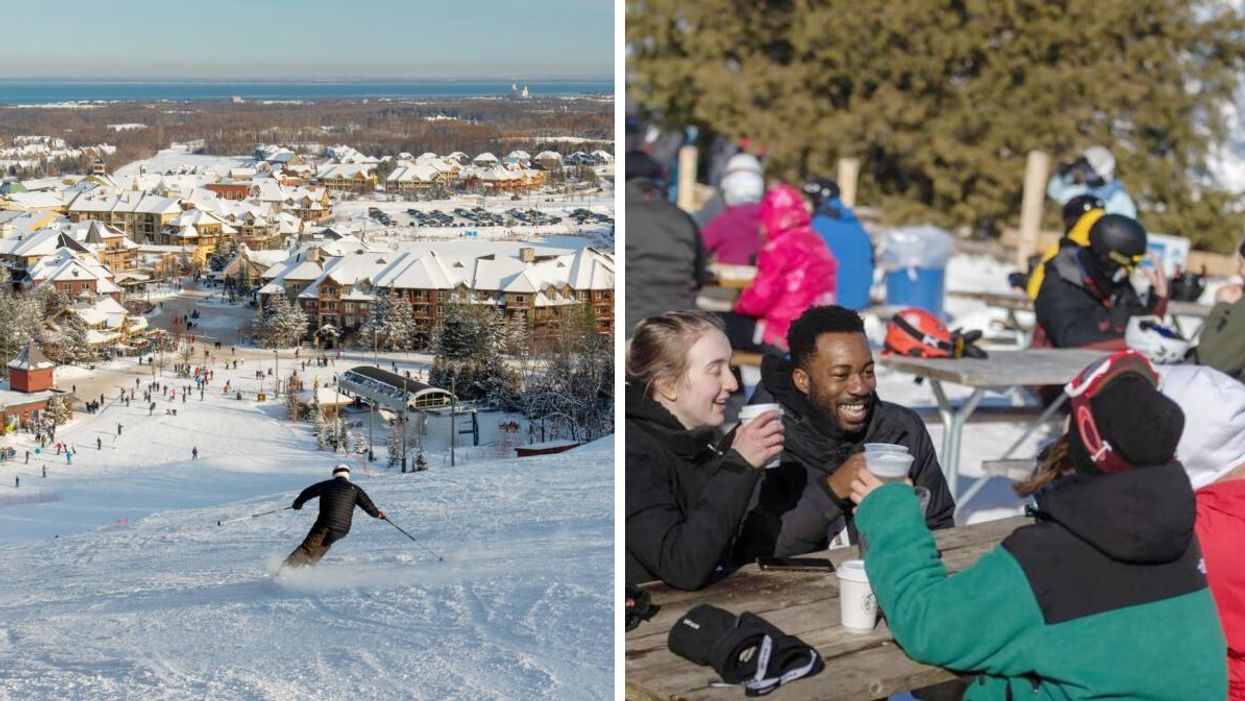 Skiing at Blue Mountain Resort. Right: People enjoying drinks outside.