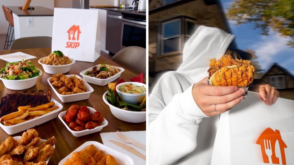 SkipTheDishes takeout containers on a table. Right: Person holding a SkipTheDishes bag and a chicken sandwich.
