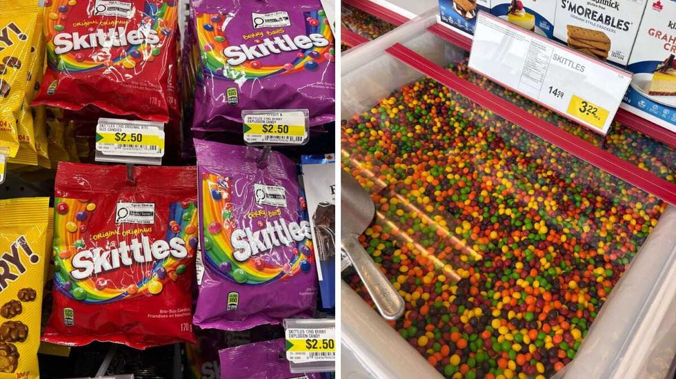 Skittles at Dollarama. Right: Skittles at Bulk Barn.