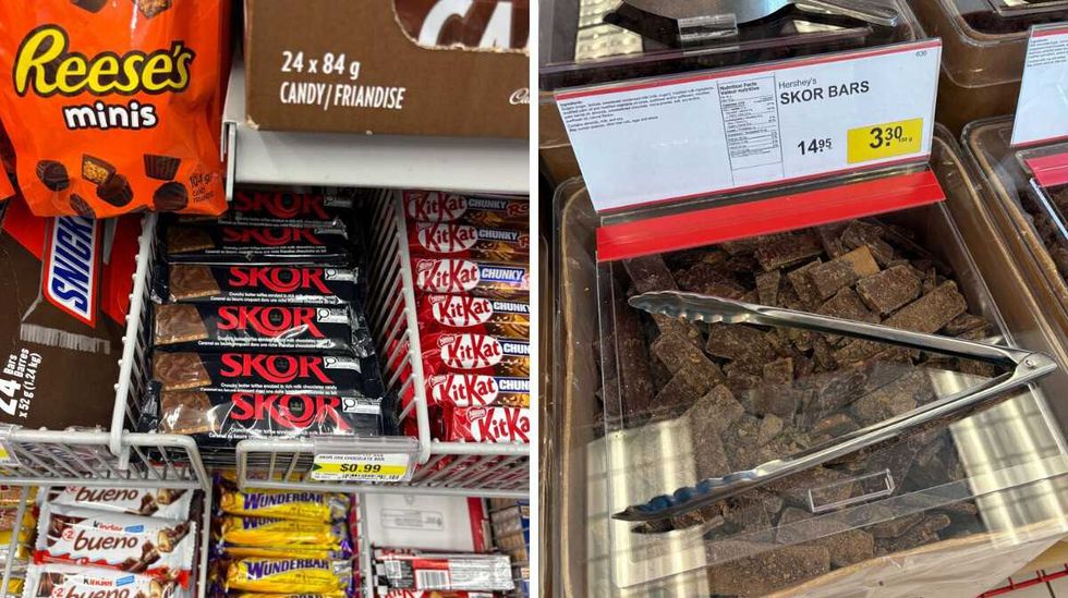Skor bars at Dollarama. Right: Skor bars at Bulk Barn.