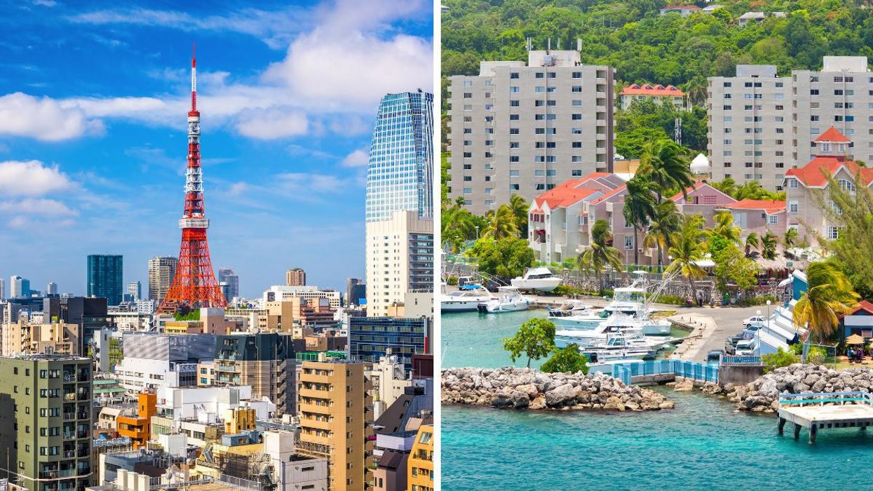 Skyscrapers in Tokyo, Japan. Right: An oceanfront scene in Jamaica.