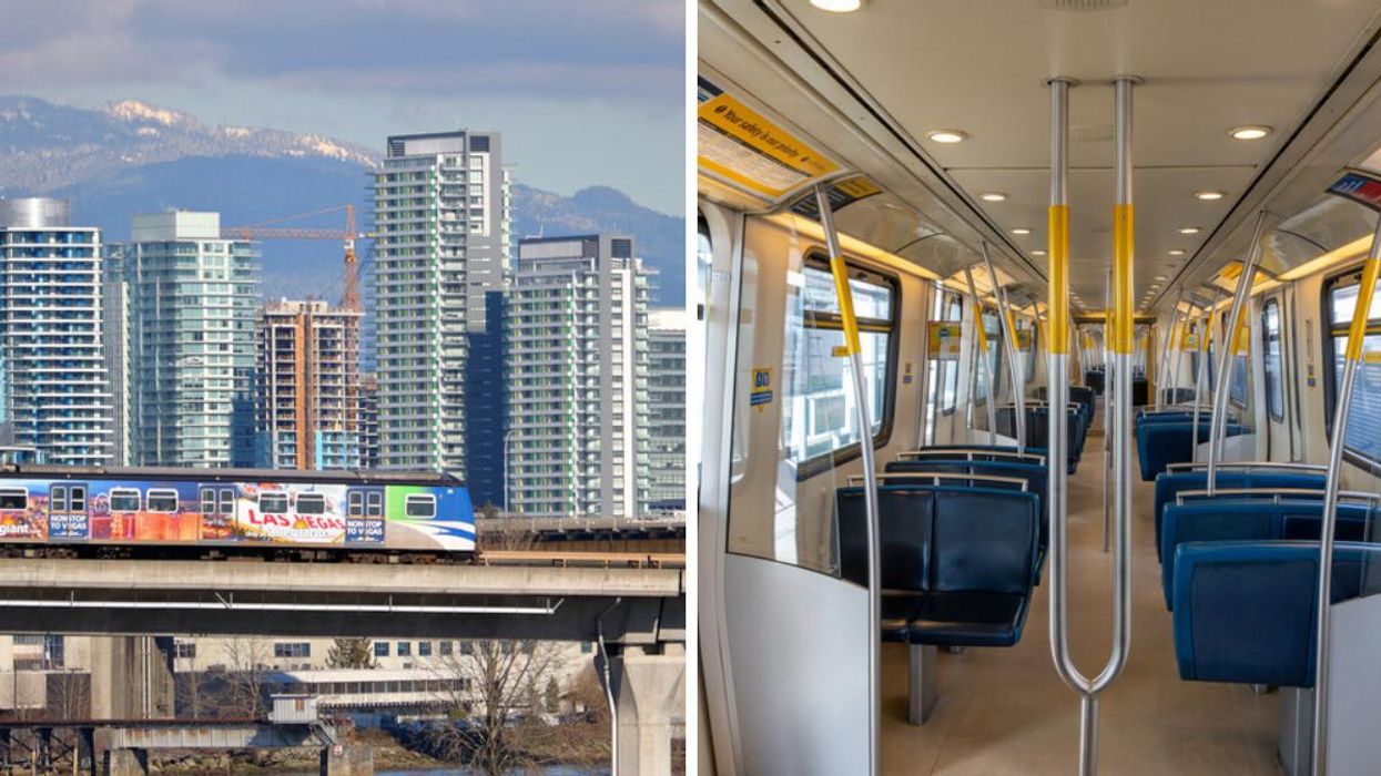 SkyTrain running through Vancouver. Right: Inside of the SkyTrain.