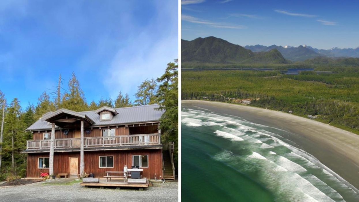 Slack Tide Inn from the front. Right: Beach in Tofino, B.C.