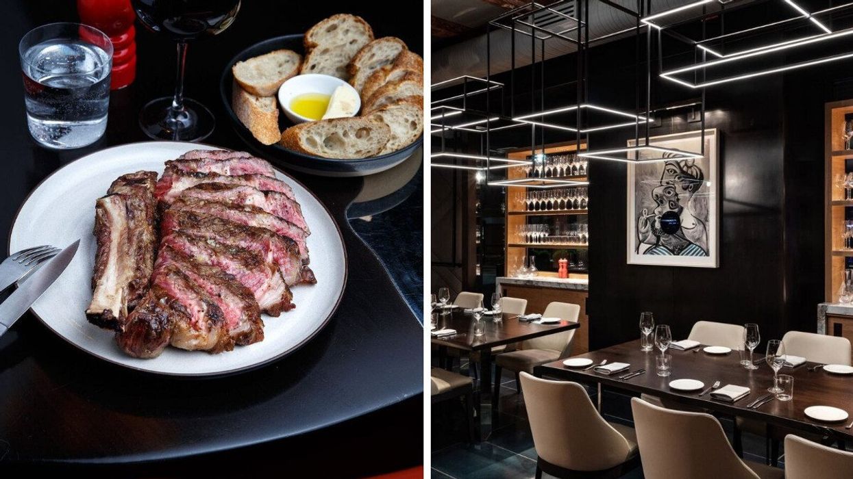 Sliced steak on a plate with a bowl of bread and butter next to it. Right: A restaurant with black walls, modern lighting, a painting on the wall and brown dining tables with beige chairs.