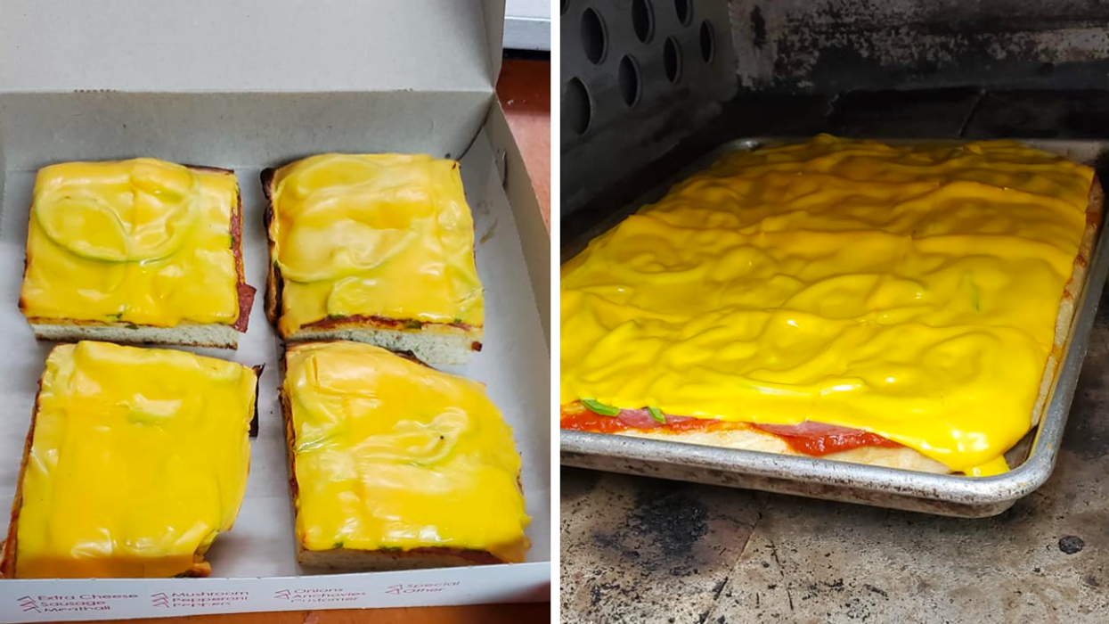 Slices of Altoona Pizza. Right: An Altoona Pizza in the oven.